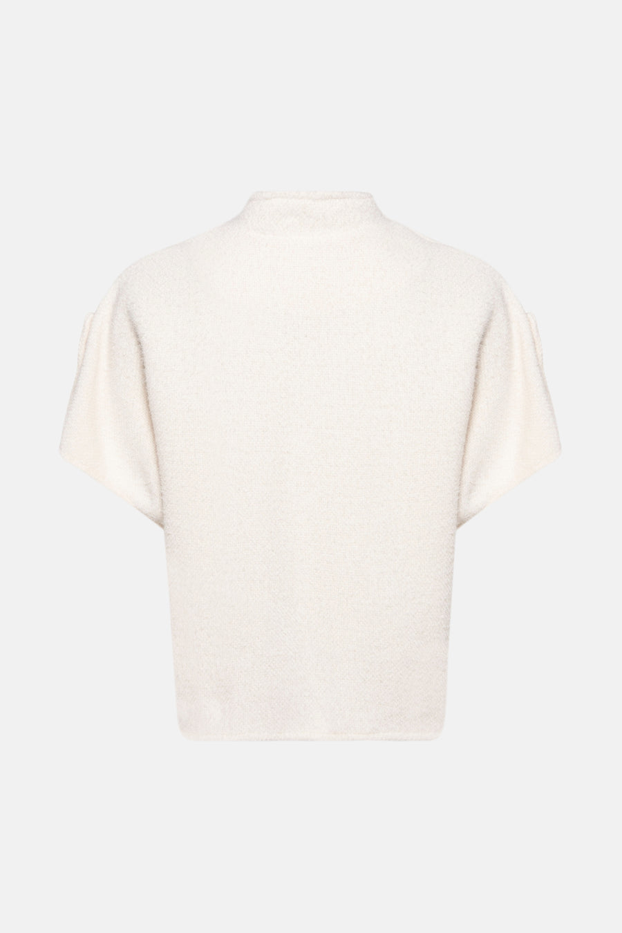 Cardigan couleur écru de Terra di Siena avec manches courtes et une texture douce, vue de dos.