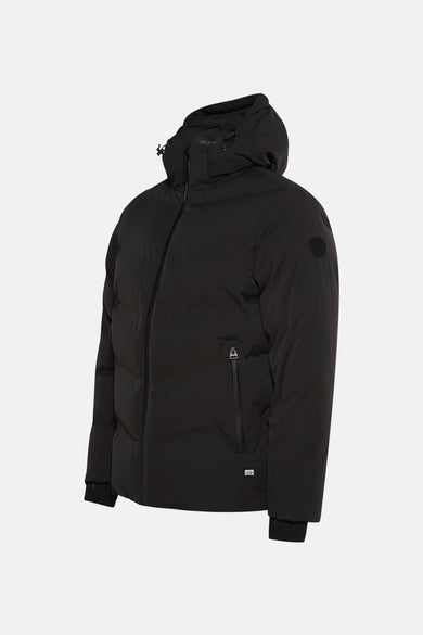 Manteau long noir de Cars avec capuchon et poche à fermeture éclair sur la poitrine.