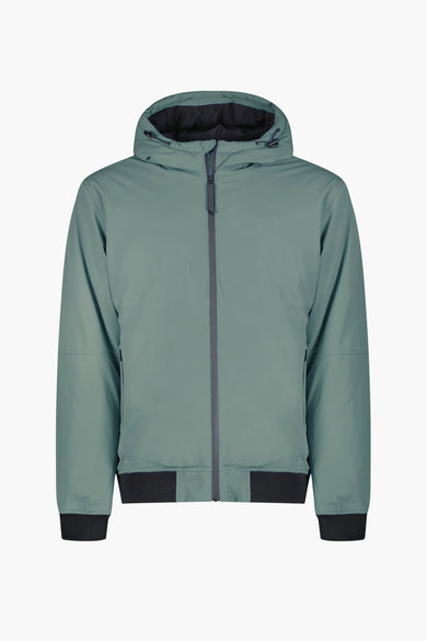 Manteau court vert de Cars Jeans avec capuchon et détails noirs aux manches et au col.
