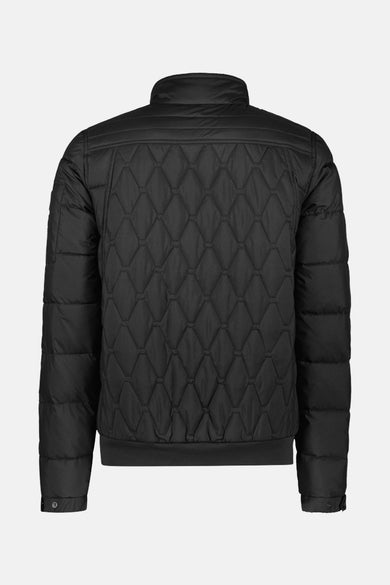 Manteau court noir de Cars, avec un motif à carreaux et une col montée, vu sur l'arrière.