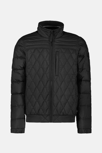 Manteau court noir de Cars, avec une broderie en forme de lunettes et un col montant.