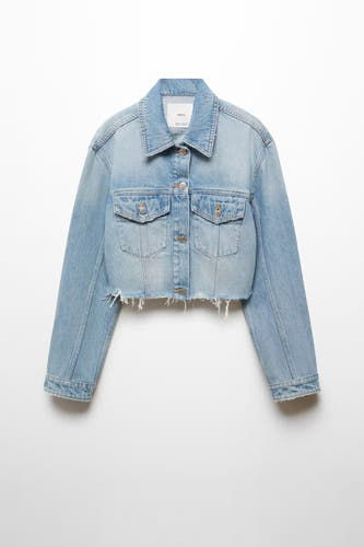 Jean de MANGO en denim bleu moyen, avec poches et un ourlet froncé.