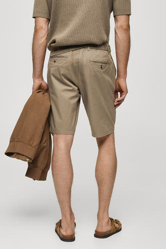 Short marron de MANGO, vu de l'arrière avec des poches et un gilet marron dans la main.
