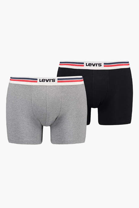 Shorts de bain gris Levi's avec une ceinture rayée en blanc, bleu et rouge.