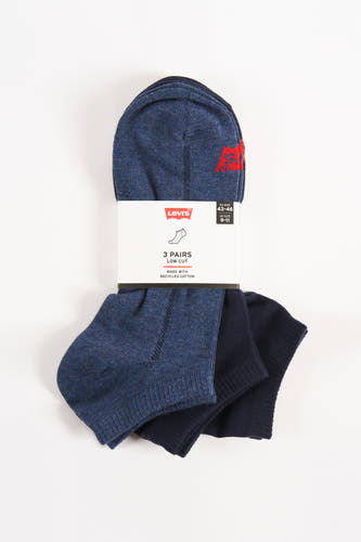 Chaussettes bleues de Levi's avec logo brodé et emballage de trois paires.
