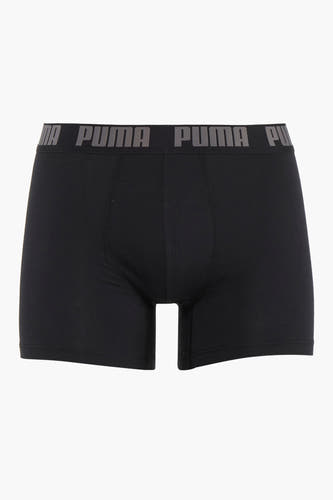 Shorts de boxe noirs PUMA avec une ceinture élastique grise imprimée du logo.