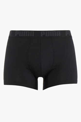Shorts de boxe noirs PUMA, avec une ceinture élastique grise avec logo.