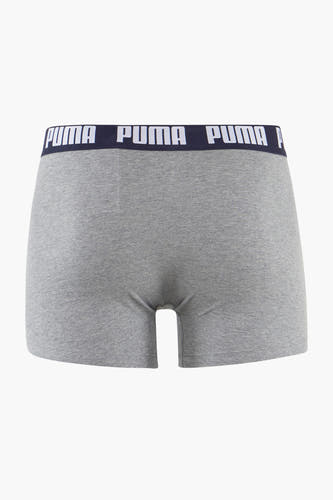Grijze boxershort van Puma met een donkerblauwe elastische band met logo.