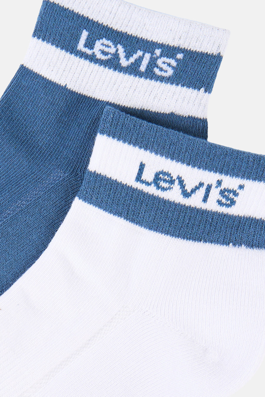Chaussettes multicolores de Levi's® Accessories, avec des rayures bleues et blanches et le logo de la marque sur le dessus.