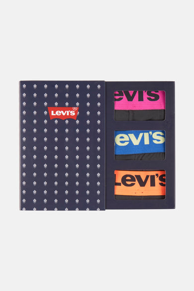Shorts de boxeur noirs Levi's, avec un élastique coloré et emballés dans une boîte bleue à motif.