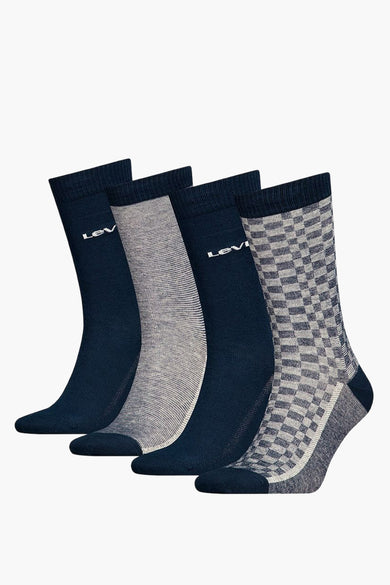 Vier paar sokken, donkerblauw, grijs gestreept, geruit, Levi's logo.