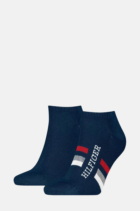 Chaussettes bleues de TOMMY JEANS, avec logo et détails rayés.