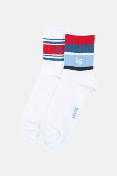 Chaussettes blanches Levi's® Accessories avec rayures bleues et rouges en haut et le logo Levi's® sur le pied.