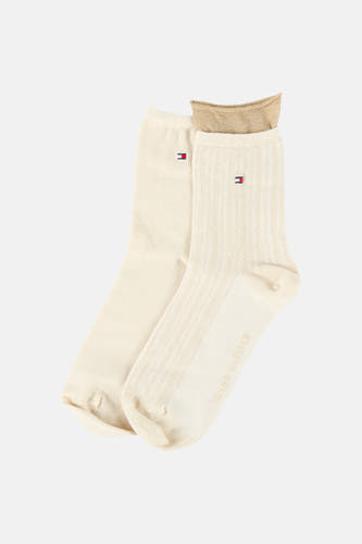 Chaussettes beiges de TOMMY JEANS, avec motif rayé et détails dorés.