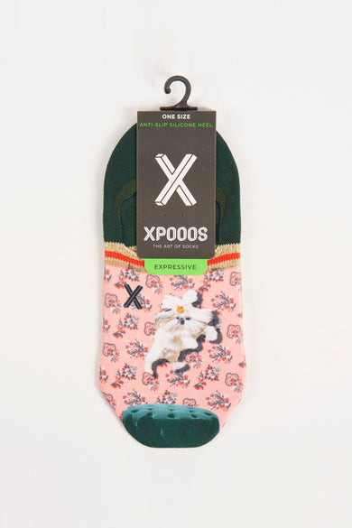 Chaussettes multicolores avec imprimé floral et petit chien, de XPOOOS, rose avec bord vert et semelle antidérapante