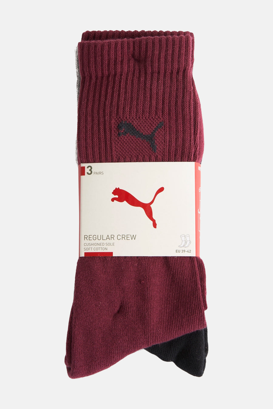 Multi-color sokken van PUMA, met een ribbeltextuur en een verpakking met het PUMA-logo.
