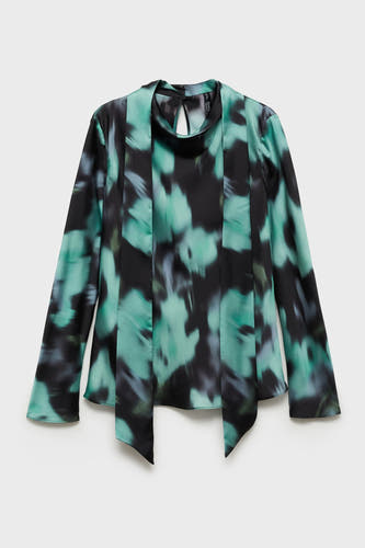 Blouse multicolore à longues manches de MANGO, avec un motif abstrait tacheté et un détail de cordon au col.