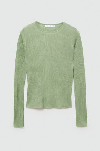 T-shirt vert avec col rond de MANGO, en maille côtelée et longues manches.