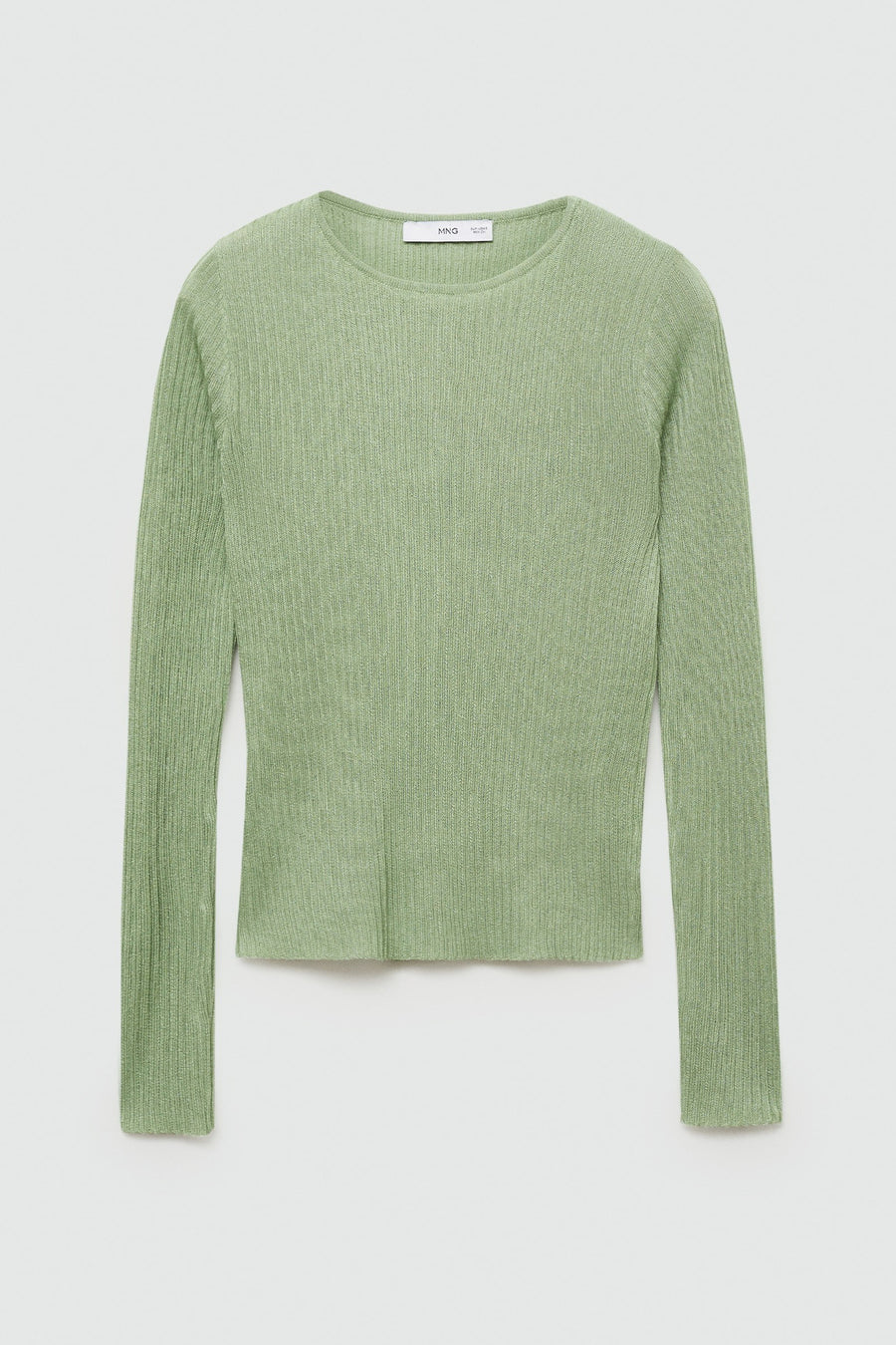T-shirt vert avec col rond de MANGO, en maille côtelée et longues manches.