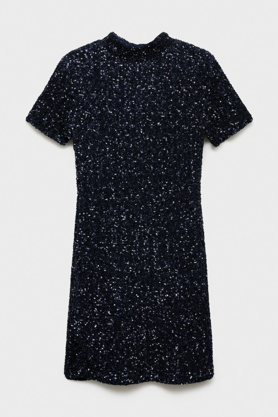 Robe bleue à manches courtes de MANGO, parsemée de paillettes scintillantes pour une texture glamour.