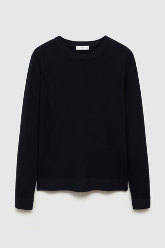 T-shirt bleu avec col rond de MANGO, en maille côtelée avec longues manches.