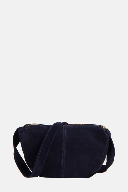 Sac à dos bleu d'Access® avec une texture en suède et une fermeture éclair dorée.