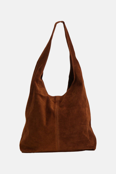 Sac à bandoulière en daim marron Access® avec texture douce et coutures apparentes.