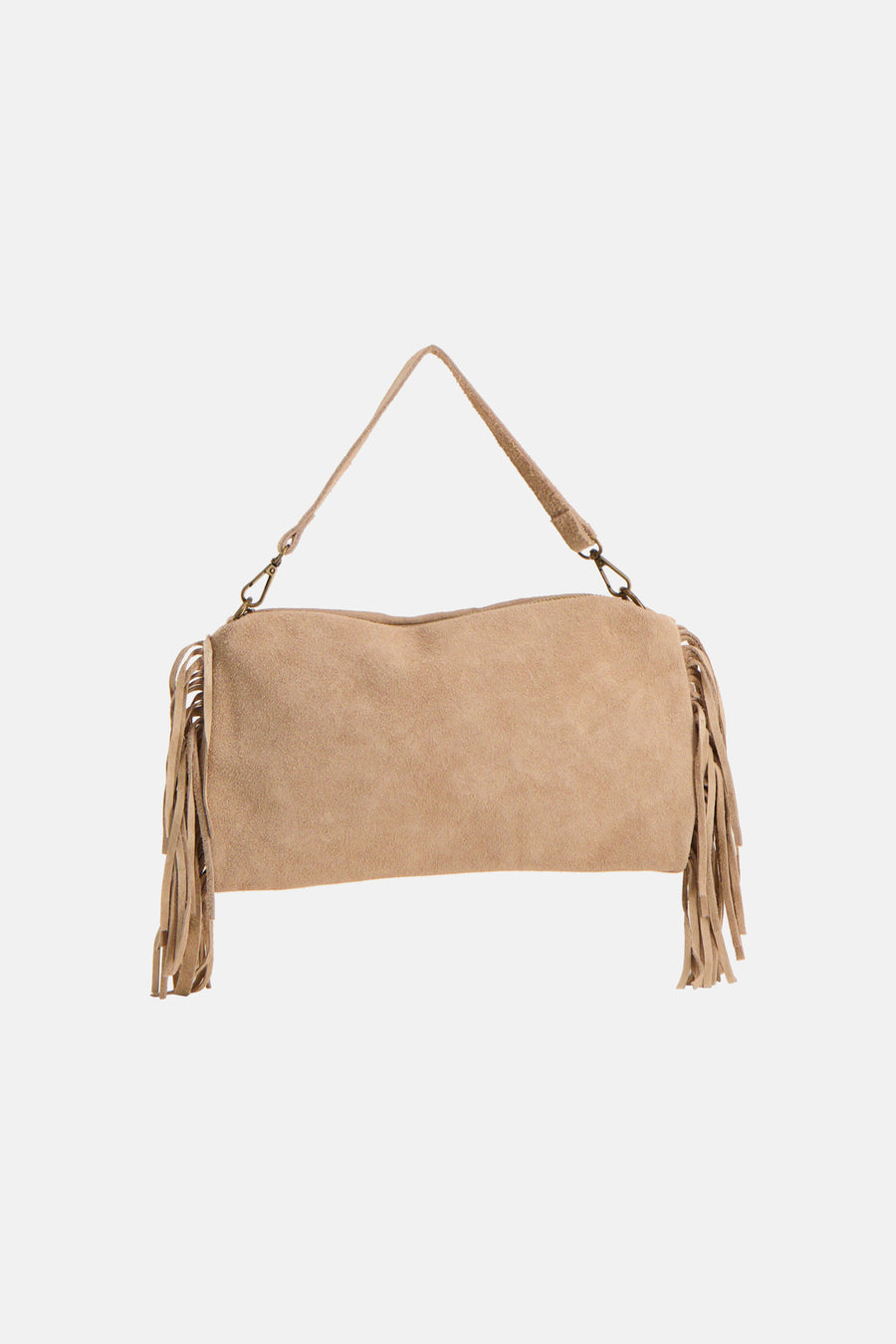 Sac à bandoulière taupe Access® en suède avec des franges sur les côtés.