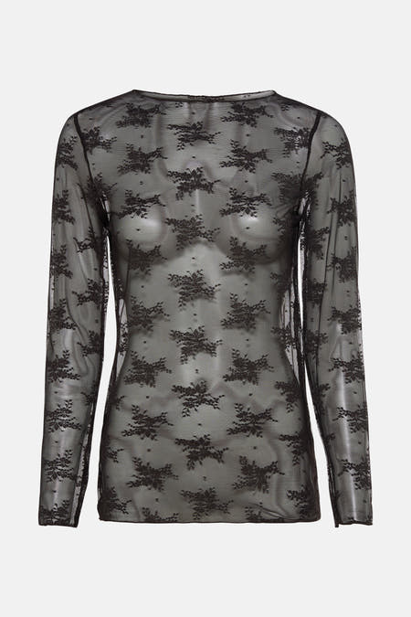 Bruine blouse met lange mouwen van Terra di Siena, met een kanten bloemenpatroon en transparante stof.
