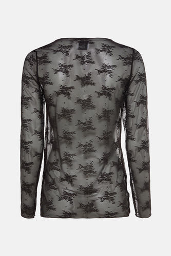 Bruine blouse met lange mouwen van Terra di Siena, met bloemenkant en een doorzichtig ontwerp.
