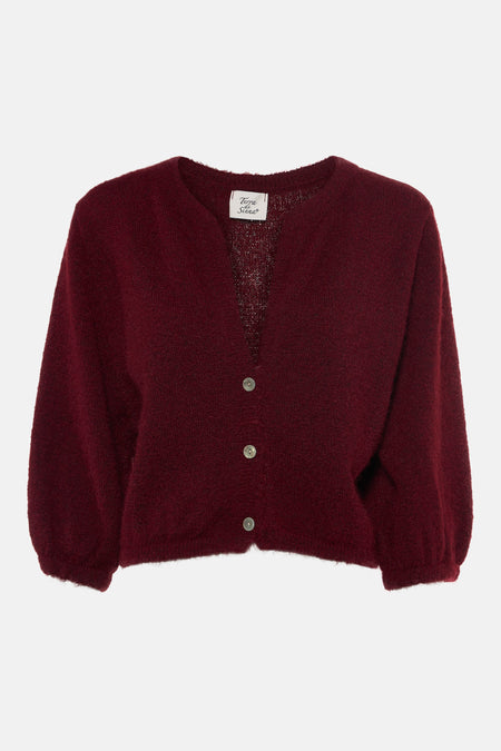 Bordeaux gilet van zachte gebreide stof met V-hals en knopen, van Terra di Siena, voorzien van ronde mouwen en lichte textuur