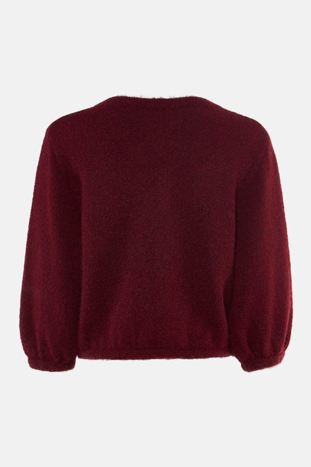Bordeaux gilet van zachte gebreide stof, van Terra di Siena, met opgeblazen mouwen, rugzijde weergegeven