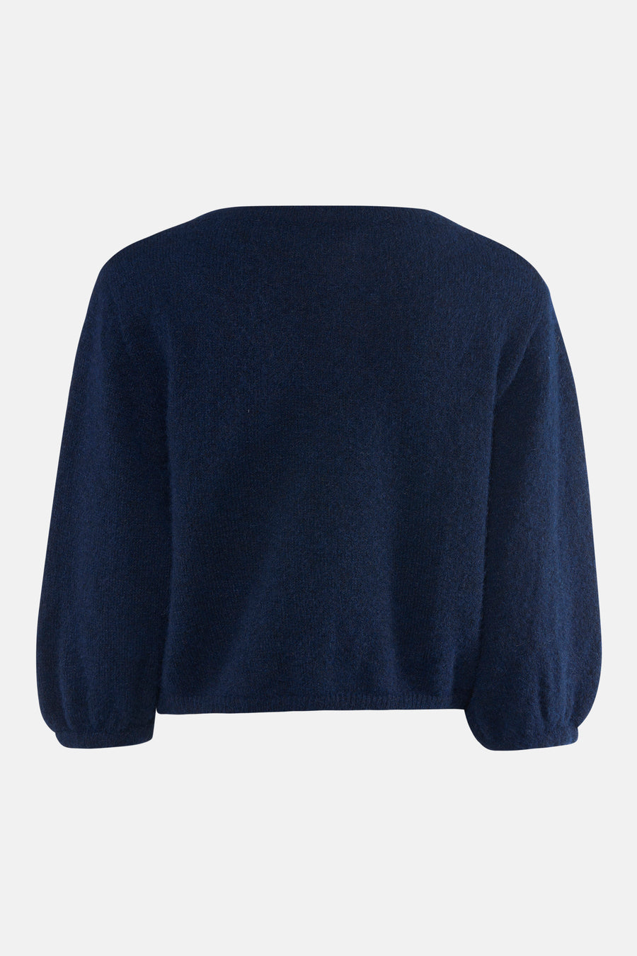 Donkerblauwe gilet van Terra di Siena, achterzijde met gebreide textuur en opgeblazen mouwen, casual look