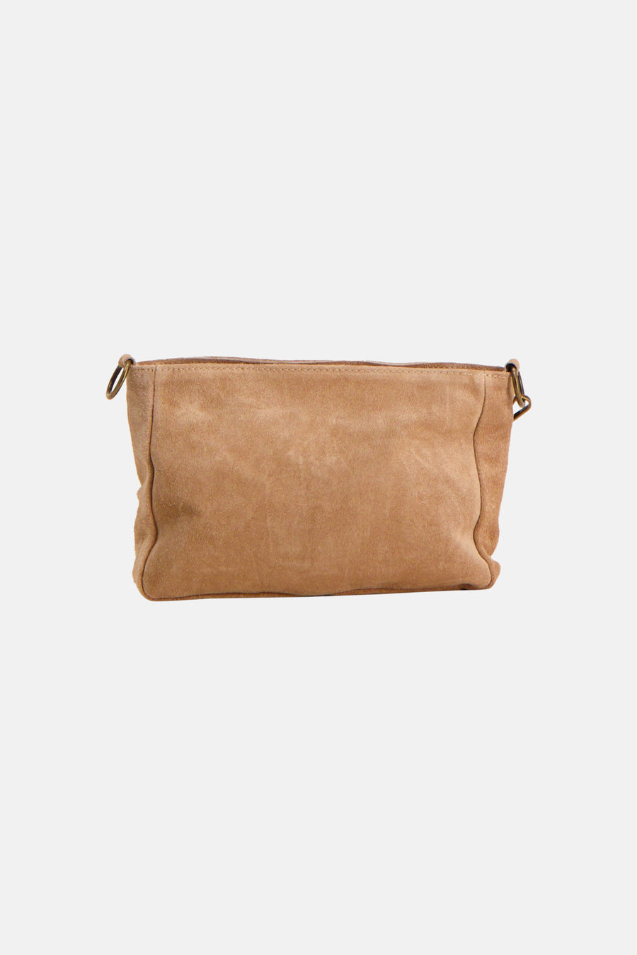 Beige schoudertas van Access® van suède met matte textuur en metalen ringen, frontaal gezien.