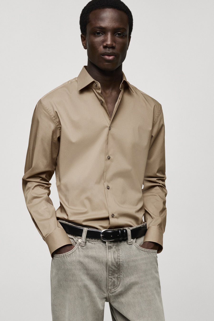 Chemise à manches longues - Beige - MANGO