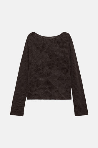 Sweat-shirt marron avec col rond de MANGO, tissu côtelé ouvert, longues manches et coupe décontractée.