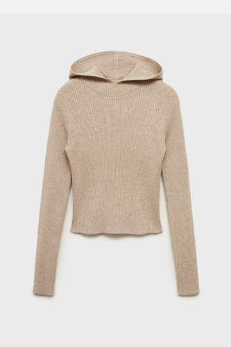 Gilet rond col encolleté beige de MANGO, avec capuche et texture côtelée fine.