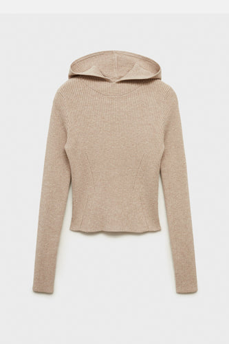 Beige, gebreide hoodie.