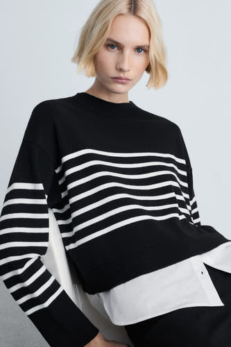 Pull à rayures noires et blanches avec col rond de MANGO, avec un chemisier blanc en dessous.