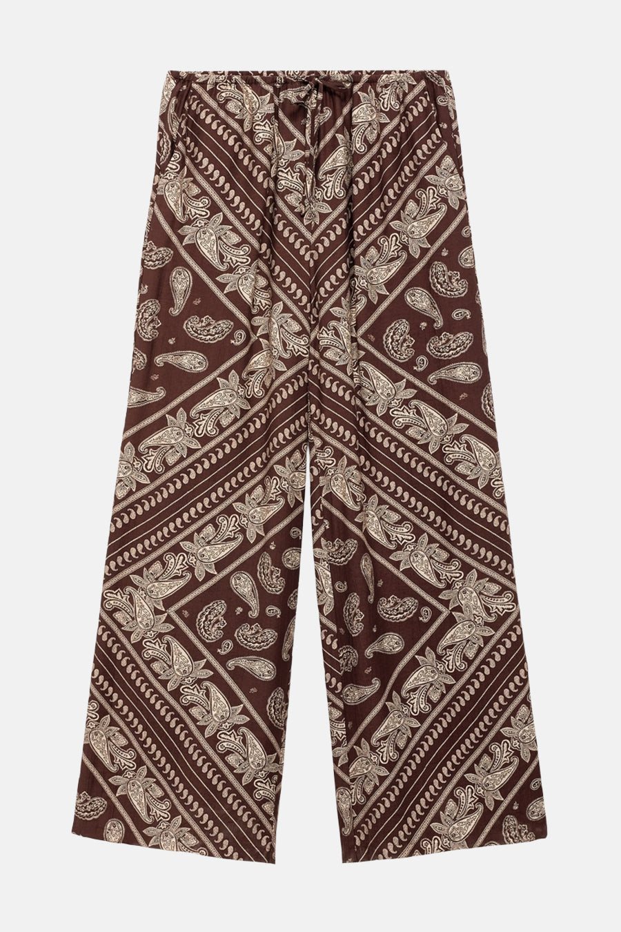 Bruine, wijde broek met paisleyprint.

