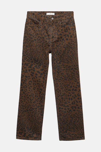 Pantalon marron de MANGO avec un imprimé léopard sur toute la surface et une coupe droite.
