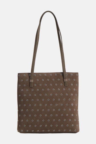 Sac à main marron de MANGO, avec des yeux argentés sur toute la surface.