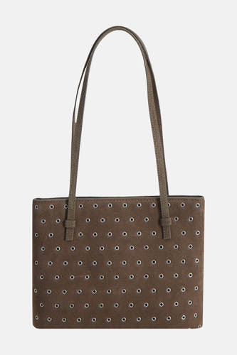 Sac à main marron de MANGO, avec des anses courtes et orné d'yeux dorés.