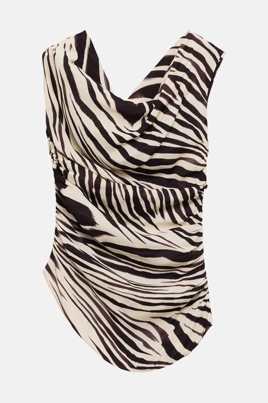 Top met zebraprint en gedrapeerde halslijn.
