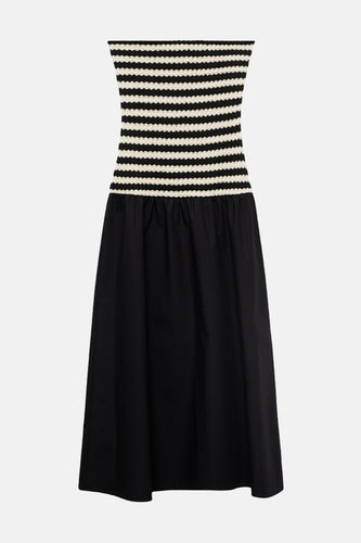 Zwarte gestreepte jurk met gehaakt lijfje.