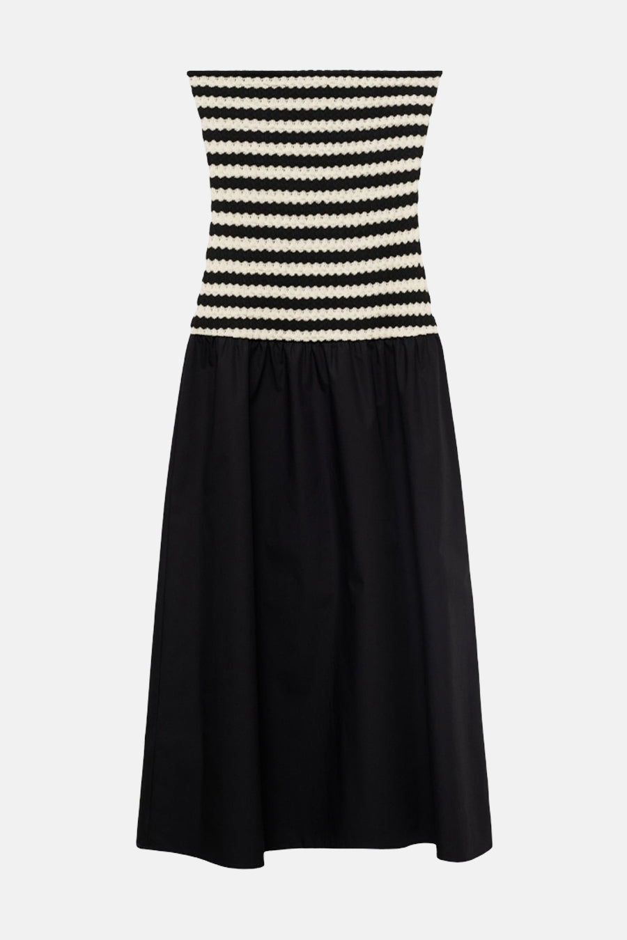 Zwarte gestreepte jurk met gehaakt lijfje.