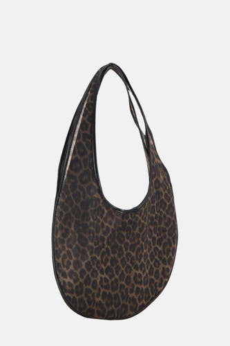 Sac à main marron de MANGO avec imprimé léopard et bord noir, présenté en position oblique.
