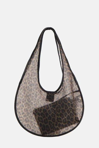 Sac à main marron de MANGO, avec un motif de python transparent et une poche intérieure avec fermeture éclair.