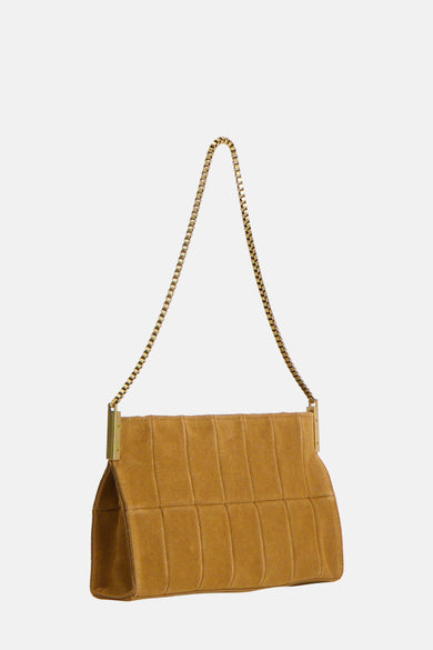 Sac à main marron de MANGO avec un motif de soleil effrangé et une chaîne dorée.