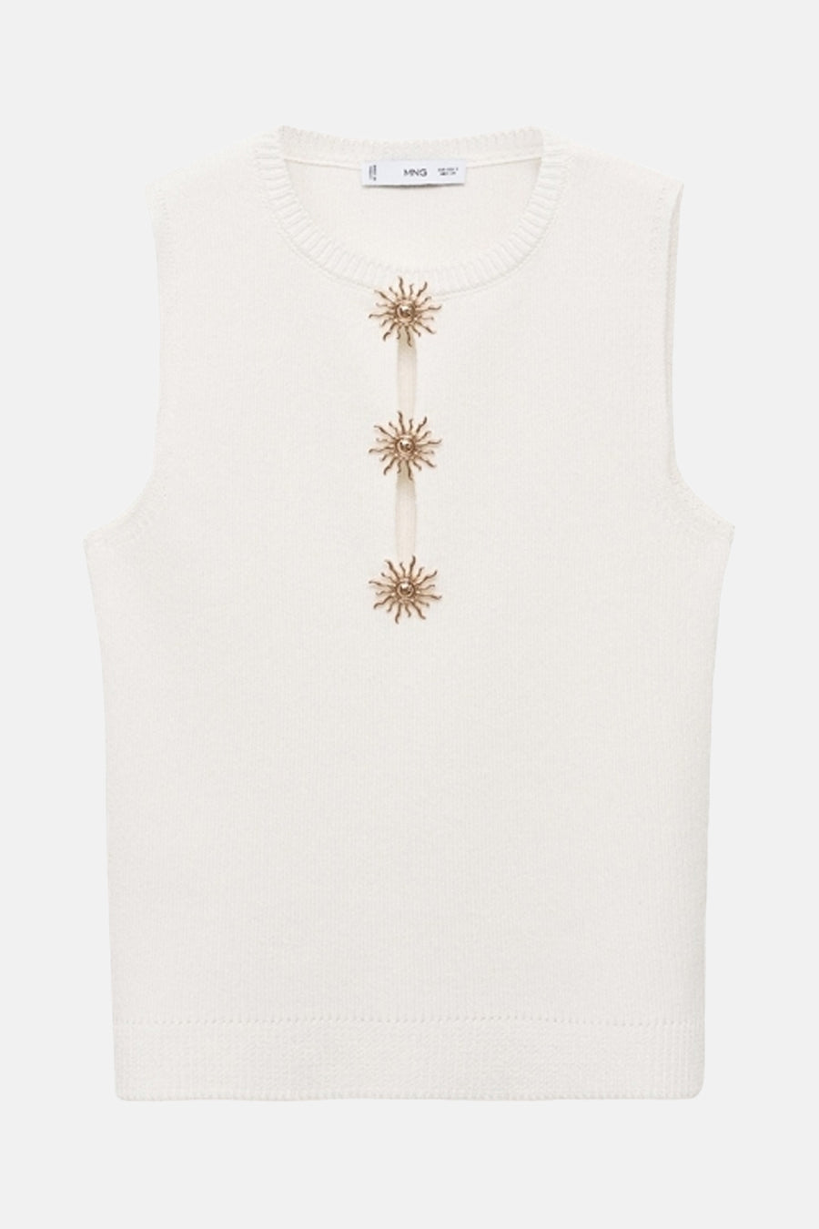 Blouse sans manches MANGO, avec des motifs décoratifs de soleils dorés sur une bande verticale.